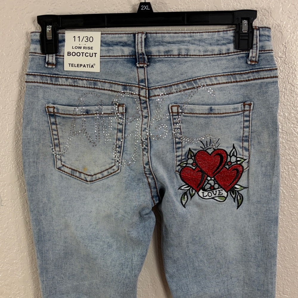 Telepatia Heart Embroidered Light Blue Bootcut Jeans,Size 11/30 - Picture 4 of 17
